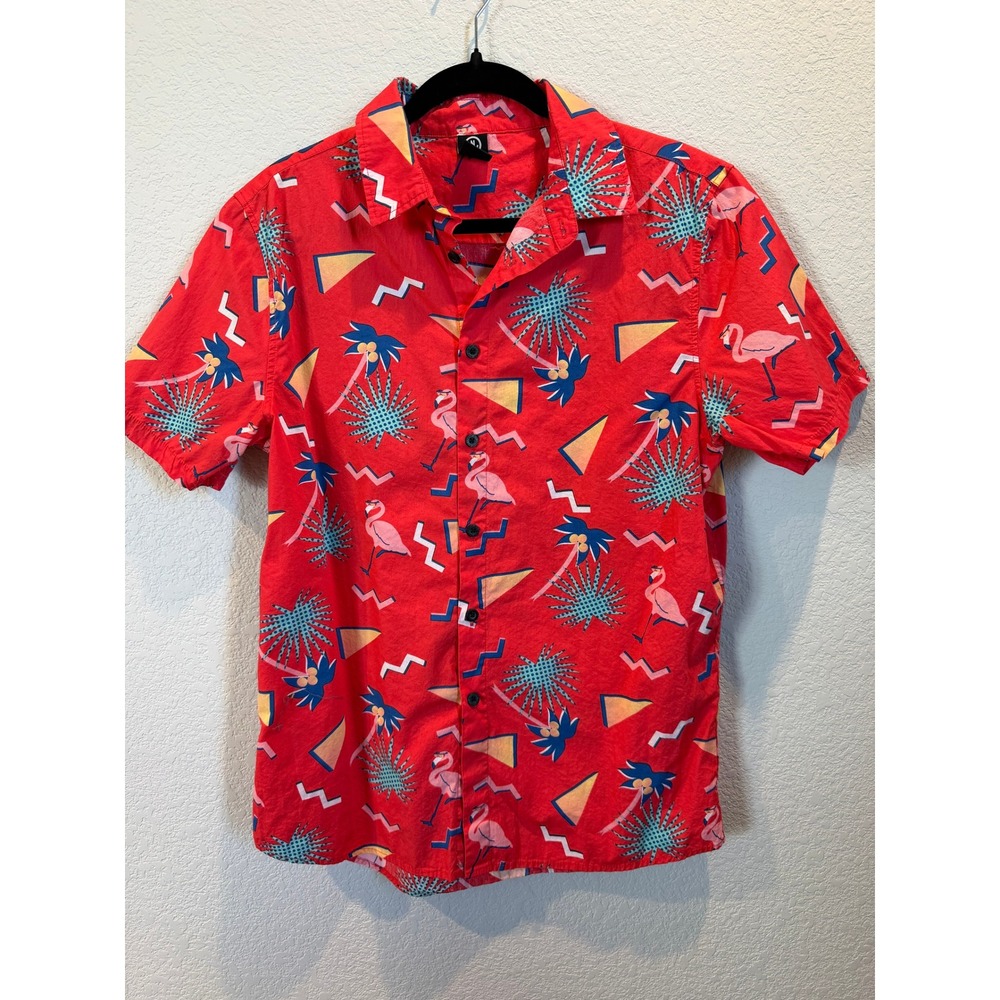 NEFF Men's Red‎ Flamingo Palm Tree Geo Print Button Up Shirt Medium